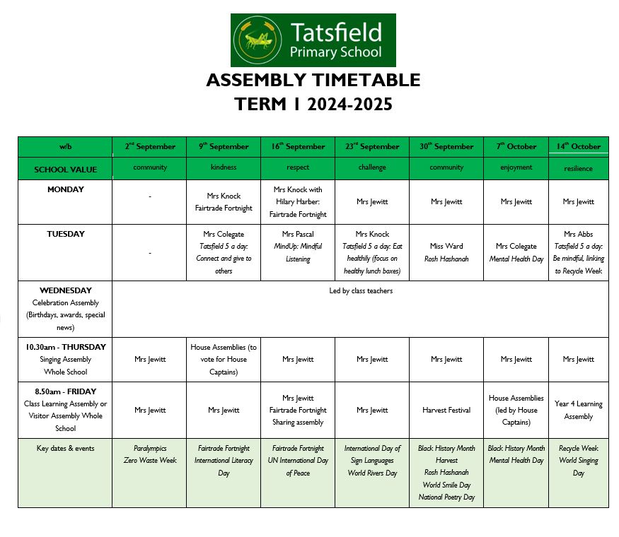 Assembly Timetable - Term 1 